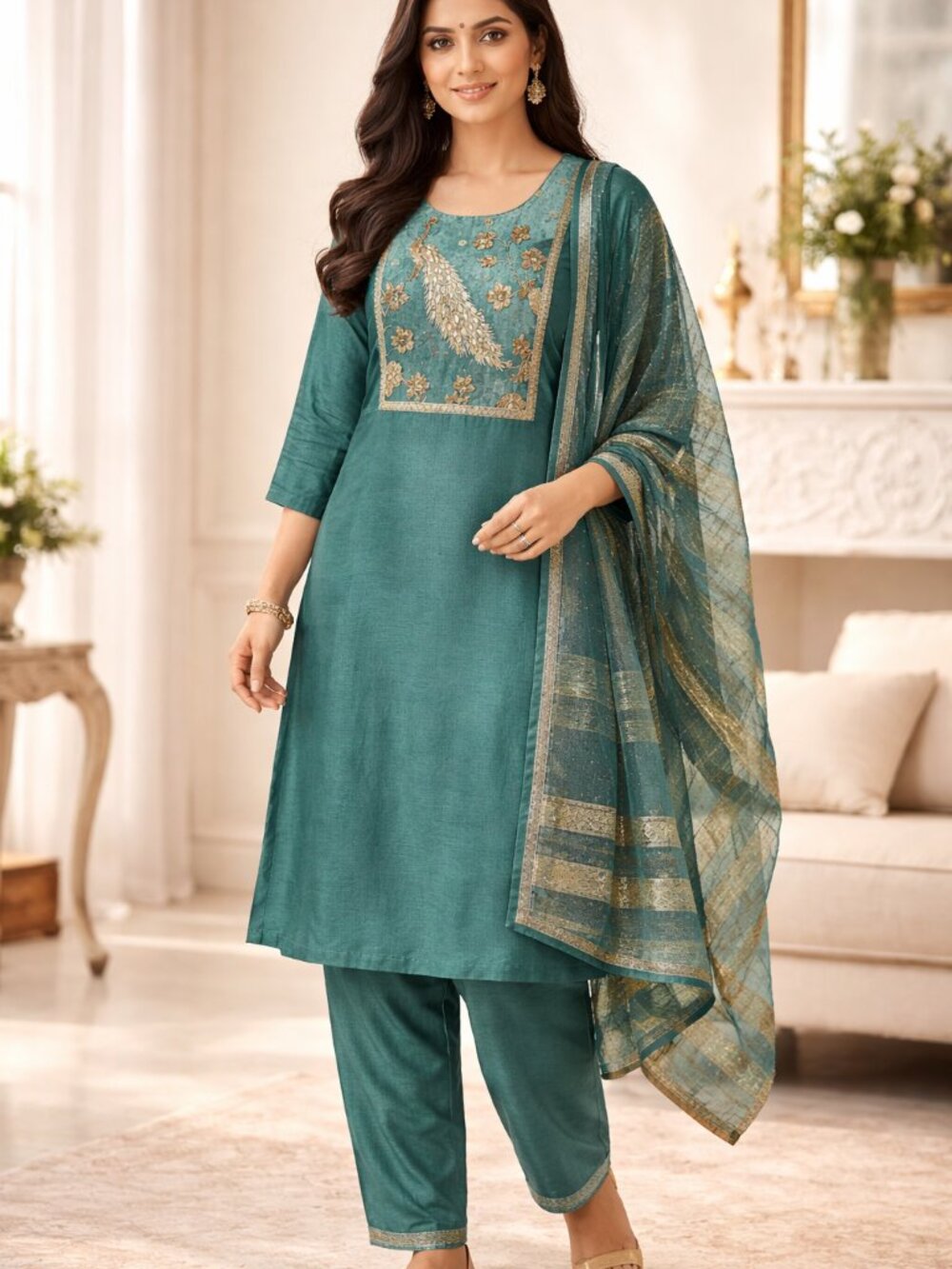 Women’s Teal Embroidered Kurta Pant & Dupatta 3-Piece Set